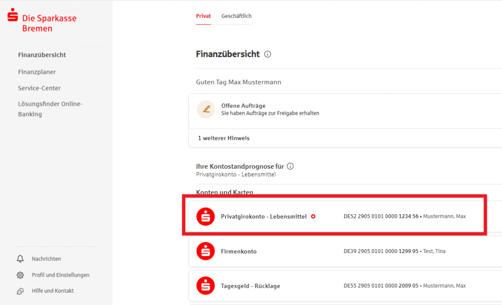 Nach dem Einloggen in das Online-Banking wählen Sie Ihr gewünschtes Konto aus.