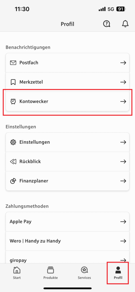 App Sparkasse öffnen, unten rechts auf "Profil" gehen und gehen Sie auf "Kontowecker".