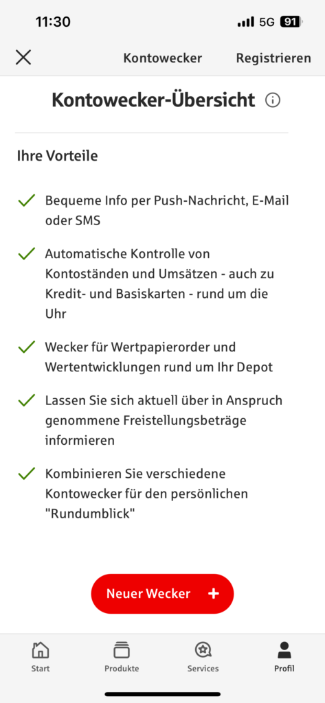 Falls Sie sich noch nicht für den Kontowecker registriert haben, registrieren Sie sich oben rechts. Ansonsten können Sie mit dem Button "Neuer Wecker" unten einen neuen Wecker einrichten.