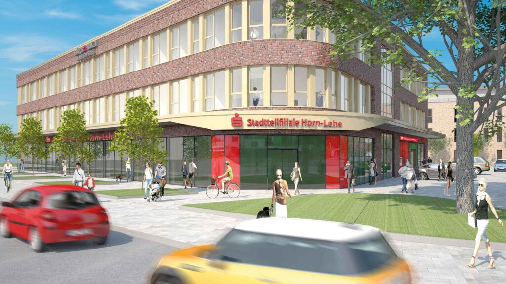 Entwurf der Frontansicht der neuen Stadtteilfiliale Horn-Lehe (c) Die Sparkasse Bremen
